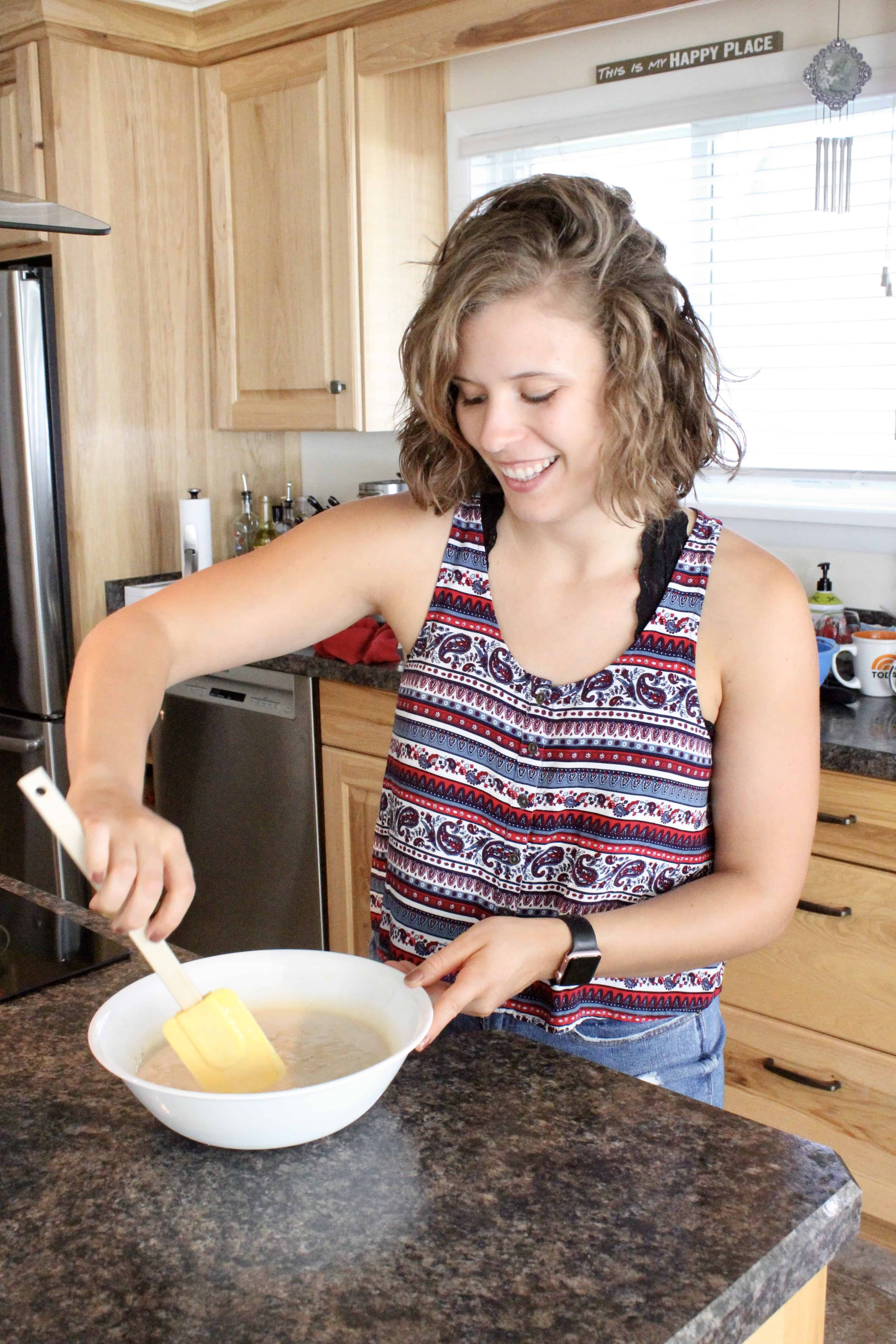 Girl making baked oatmeal recipe.